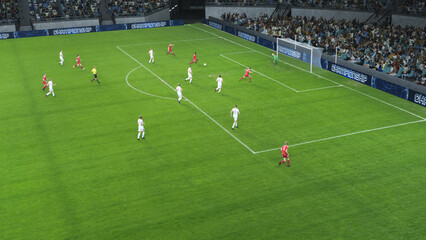 Soccer Football Championship Gameplay: Red and White Teams Players Play a Tournament Game. Sport...