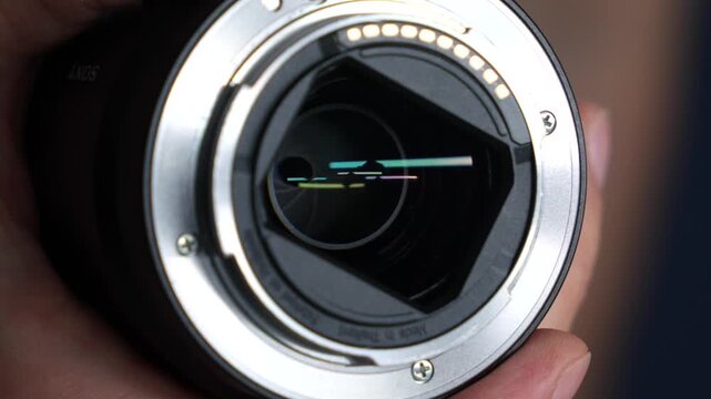 A digital close-up camera lens.
A metal bayonet mount for attaching the lens to the camera.
A modern manual lens in the hands of a photographer.