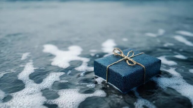 Gift box highlighted near ocean waves