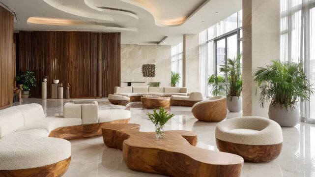 Lounge with polished travertine floor, sculptural wooden furniture, boucle accents, and soft daylight glow