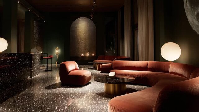 Lounge with moon glow on velvet surfaces, sculptural lamp shadows, and terrazzo flooring