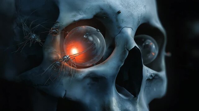 A skull with a glowing eye. The eye is surrounded by a glowing orb. Dark symbolic illustration of human skull with maggots crawling out of eye sockets, Myiasis infection and decay concept