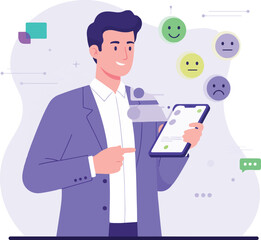 Entrepreneur scrolling customer sentiment tweets with floating mood emojis Illustration