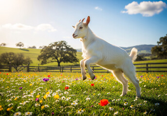 Obraz premium Playful White Baby Goat Leaping in Spring Meadow