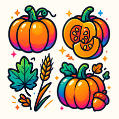 Colorful Pumpkin Sticker Set with Autumn Leaves and Harvest Elements