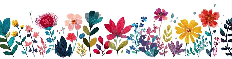 Watercolor Floral Arrangement Featuring Various Colorful Flowers and Greenery on White Background