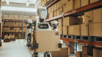Artificial Intelligence Robot Holds a Carton Package while Navigating a Busy Storage Facility with Automated Machinery and Organized Inventory Racks