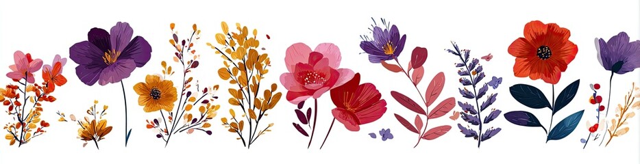 Watercolor Floral Arrangement with Red Pink Purple Orange Blossoms and Foliage on White Background for Decoration Stationery and Spring Summer Designs