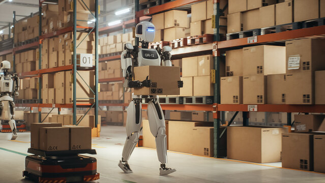 Artificial Intelligence Robot Holds a Carton Package while Navigating a Busy Storage Facility with Automated Machinery and Organized Inventory Racks
