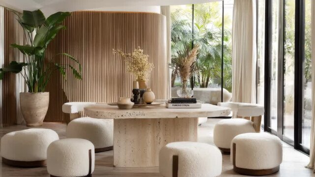 Lounge with travertine block table, boucle ottomans, curved ribbed wall panel, and linen-draped windows