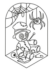Halloween. Voodoo doll. Coloring page for children. Cute spooky corner.