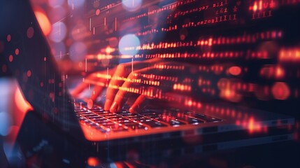 Faceless hands coding on laptop with glowing binary overlay, clean tech workspace, celebration of programming.