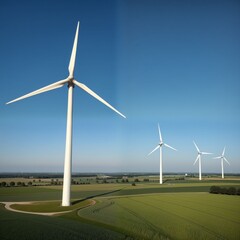 Expansive Landscape with White Wind Turbines against Clear Sky