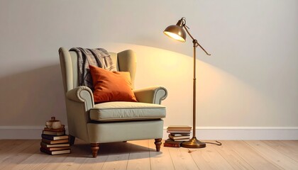 Cozy reading nook with a comfortable armchair and warm floor lamp, creating a tranquil and inviting atmosphere for relaxation and quiet study