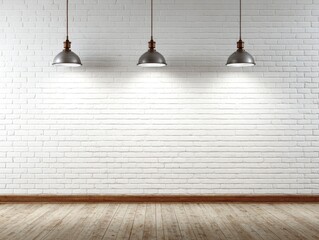 White Brick Wall with Three Dome Lights Above Wooden Floor in a Minimalist Interior Design Concept Featuring Clean Lines and Illuminated Space
