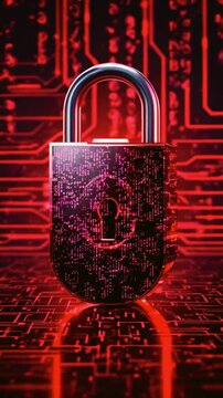 Abstract cybersecurity red alert warning padlock symbol with binary letters and numbers on a digital background, information security, data protection concept.