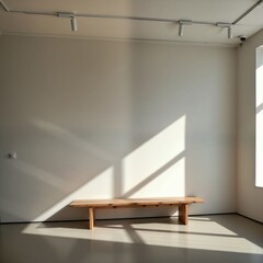 Fototapeta premium Minimalist interior with sunlight casting shadows on wooden bench