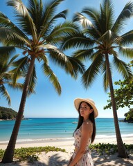 Young Woman in Sun Hat Enjoys Tropical Beach with Palm Trees
