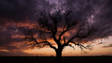 Spooky bare tree silhouette against a dramatic Halloween sunset with flying birds.
