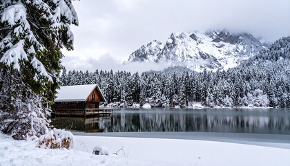Snowy alpine lake and cabin