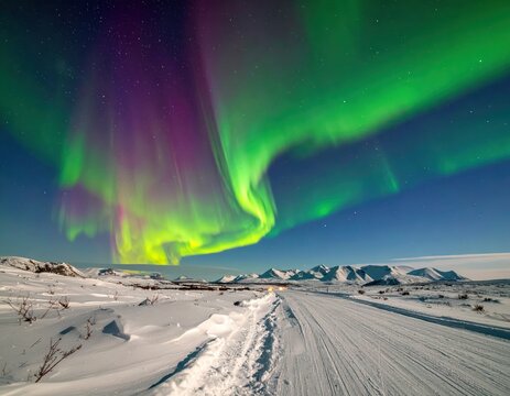 Majestic aurora borealis lights up a winter wonderland landscape, illuminating a snow-covered road under a starlit sky. - Powered by Adobe