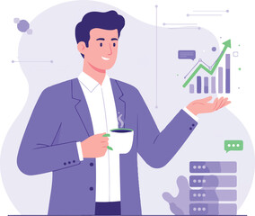 Man holding coffee cup viewing hologram line graph with rising trend Illustration