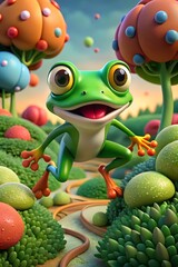 3D laughing green frog in creative huge trees, soft slopes, beautiful sky, and winding path.