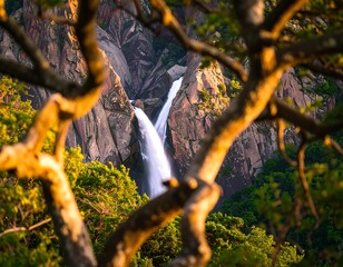 Waterfall framed by trees at golden hour