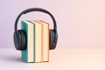 Wireless headphones used as minimalist bookends around colorful hardbacks. Clean pink tones backdrop with warm accents. Audiobooks and podcasts concepts
