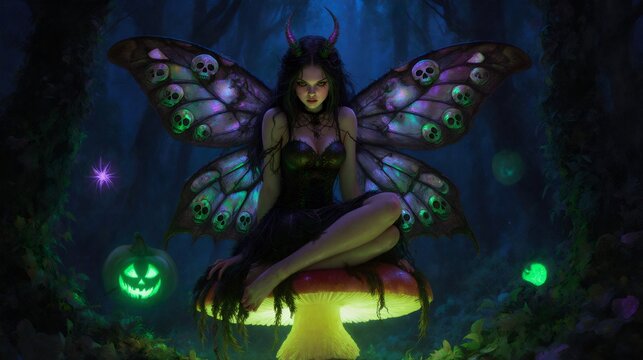Gothic horned fairy with skull wings on a glowing mushroom in a Halloween forest. - Powered by Adobe