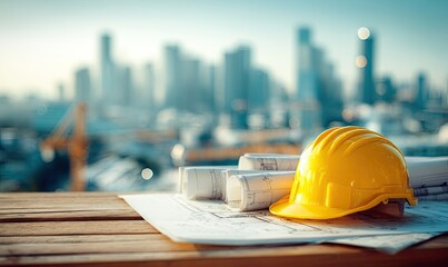 Yellow Hard Hat on Architectural Blueprints with Blurred Cityscape Background Construction Safety Gear on Wooden Surface in Warm Sunlight