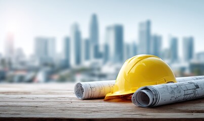 Yellow Construction Hard Hat And Rolled Blueprints On Wooden Surface With Blurred City Skyline Background