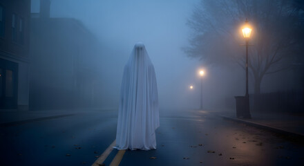 Ghostly Figure in Foggy Street at Night
