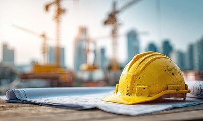 Yellow Hard Hat on Blueprints at Construction Site