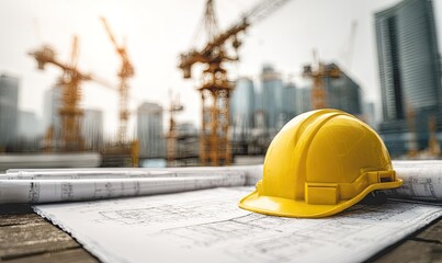 Yellow Hard Hat on Construction Blueprints with Cityscape Background