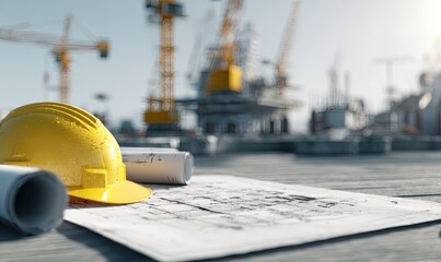 Yellow Hardhat on Blueprint at Sunny Construction Site with Cranes and Steel Structures in the Background