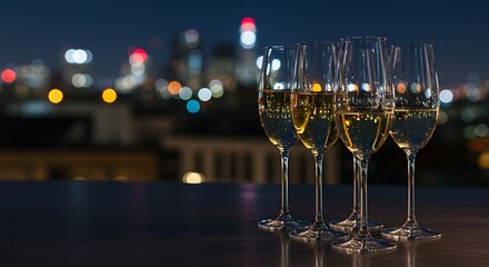 Elegant champagne flutes filled with a light-colored sparkling wine on a bar counter, with a blurred cityscape background at night, suggesting a rooftop party.