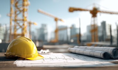 Yellow Hardhat on Blueprint with Construction Cranes and Cityscape Background in Clear Blue Sky