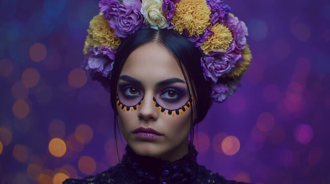 A young Hispanic woman with long black hair wears a floral crown of marigolds. Her face is adorned with traditional D&iacute;a de Muertos makeup, featuring dark eye makeup and decorative patterns.