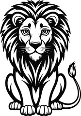 Black and White Illustration of a Lion, Detailed Lion Drawing, Sitting Lion Artwork, Wild Animal Portrait, Strong and Majestic