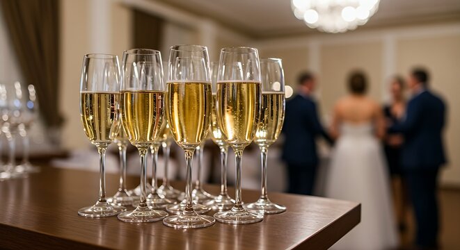 Elegant champagne flutes filled with a light-colored sparkling wine on a bar counter, with a backdrop of a blurred wedding reception, symbolizing a joyful moment. - Powered by Adobe