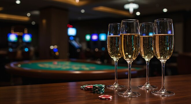 Elegant champagne flutes filled with a light-colored sparkling wine on a bar counter, with a blurred casino interior and gambling tables in the background.  - Powered by Adobe