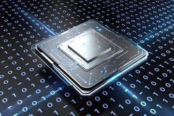 A cutting-edge microprocessor graphics with binary code background, symbolizing technological advancement.
