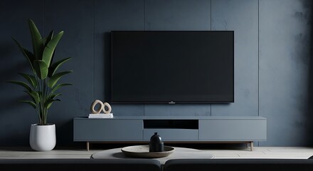 Minimalist Living Room Scene with Modern TV Stylish Blue Console Indoor Plant and Subtle Decor Accents Creating a