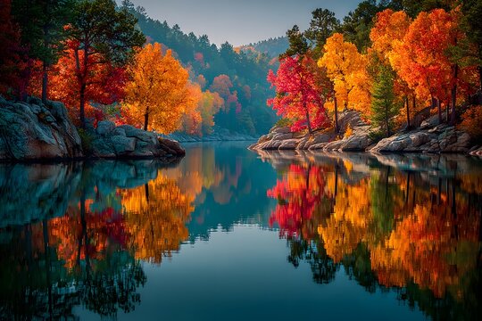 Golden and red autumn trees reflecting in turquoise water featuring autumn forest, reflection, turquoise water, vibrant landscape, perfect for stock images, marketing, design and editorial use