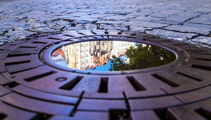 Reflection of buildings in a puddle on a cobblestone street