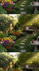 A sun-drenched garden oasis filled with vibrant blooms and a tranquil pathway lined with stepping stones.