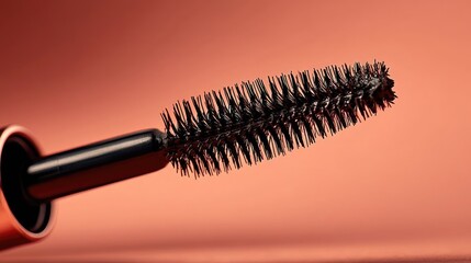 Close-Up of Mascara Brush Against a Soft Coral Background