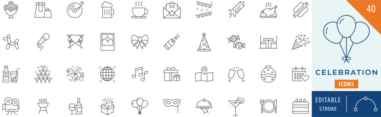 Celebration icon collection set. Editable stroke.