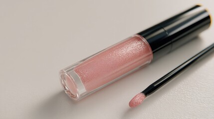 Glossy Pink Lip Gloss with Applicator on Light Background